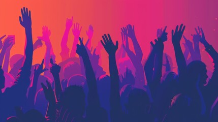 Hands raised in celebration at a dynamic music festival. Diverse crowd enjoying a live concert with vibrant colors and energetic atmosphere. Great for themes of unity and celebration.