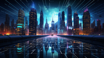 A futuristic city with tall buildings and bright lights. The image is dark, but the lights from the buildings and the reflections on the ground make it easy to see.