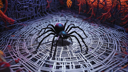 In the Lair of the Spider Empress, silk threads weave intricate patterns, capturing prey in a labyrinth of shadows, Generative AI