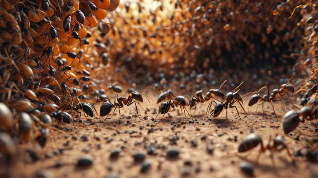 Amidst the Hive of the Ant Queen, diligent workers scurry about, tending to the needs of their bustling colony, Generative AI