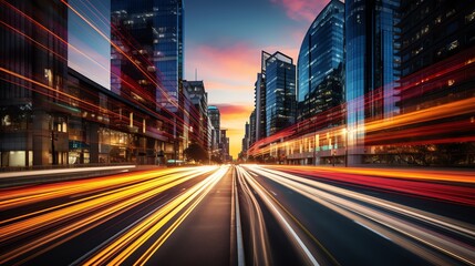 Fototapeta premium Cityscape with long exposure light trails at sunset