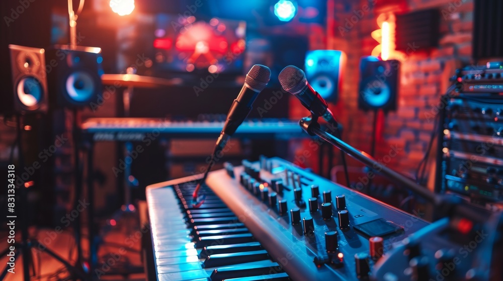Aufkleber A professional recording studio setting featuring a keyboard and microphone setup for music production and audio recording. Generative AI