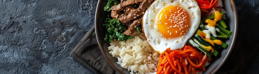 A bowl of food with rice, meat, and vegetables