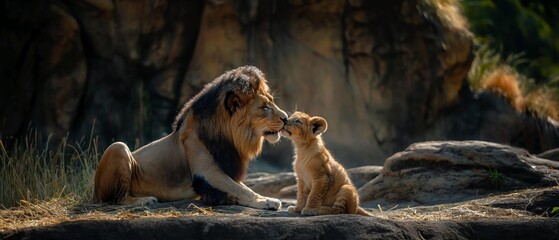 AI Image Generator of  A lion cub stands and kisses his sitting lion father. © Nan sarin