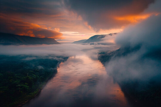 The warm glow of sunset dramatically illuminates the mist rising from a serenely winding river