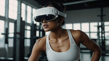 Portrait of a young Indian woman in white sports outfit doing gym training with wearing a VR headset with copy space
