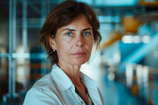 A poised woman with a determined look in a professional setting, exuding confidence and experience