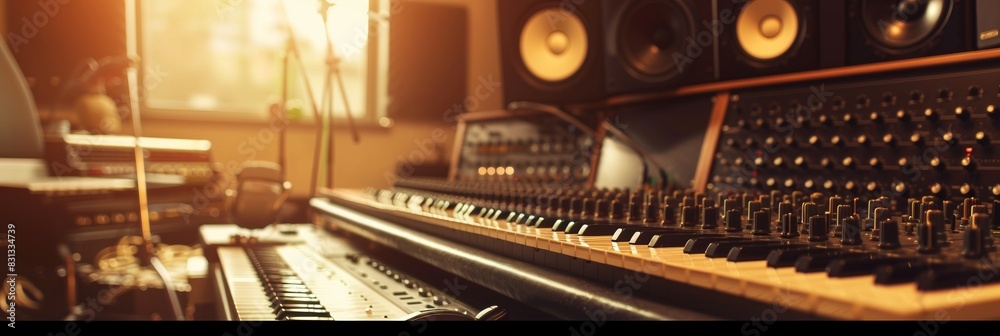 Poster a recording studio bustling with activity as sound engineers play with a plethora of high-tech sound