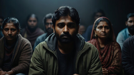Sad anxiety depressed Indian man at support group meeting for mental health and addiction issues in anonymous community space with many people around with copy space, dark ambient, background
