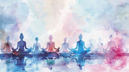 Group yoga class with diverse abilities, holistic, pastel colors, watercolor, calm and serene