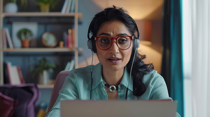 A young Indian woman in a headset conducts an online session from her laptop screen, serving as a teacher or coach, providing training and guidance to an elderly student.