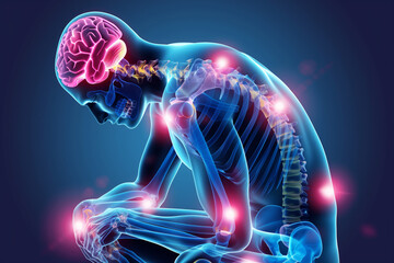 3D illustration of human skeleton with highlighted pain points and brain activity. Medical anatomy and chronic pain concept. Design for healthcare, medical studies, and pain management
