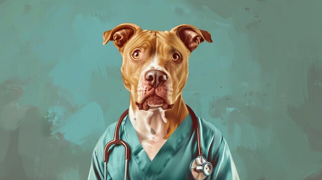 pitbull in scrubs doctors derp double take humorous animal portrait illustration