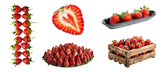 Fresh strawberries collection with various container, shape and size isolated on background, organic fruit with high vitamin for meals.
