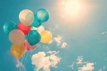 Colorful balloons flying in sunlight, vintage background