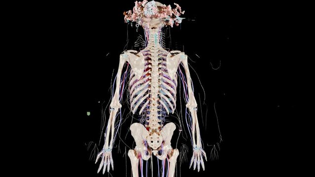 Human anatomy, muscles, organs, bones. Creative color palettes, designer details, unstructured showing parts, luma matte, black background, Medically accurate, circulatory system, surgery, 3d render
