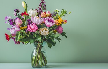 Fototapeta premium Colorful Floral Bouquet in Vase on Light Green Background