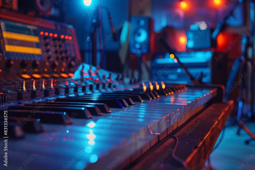 Aufkleber a close-up of a keyboard in a soundproofed room, each key ready to create a harmonious melody. gener