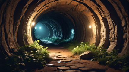 Naklejka premium Deep in the Subterranean Labyrinth, twisted tunnels lead to hidden chambers filled with untold treasures guarded by forgotten guardians, Generative AI