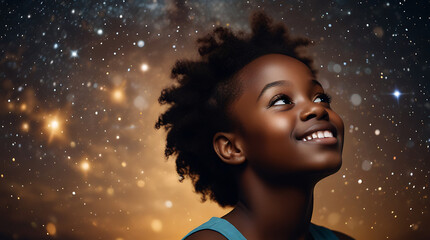 A close-up portrait of a happy black African girl looking up at the shiny stars with galaxy sky background and copy space

