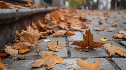 Dry leaves litter the sidewalk