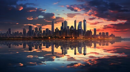 Stunning cityscape reflected in a calm lake at sunset.