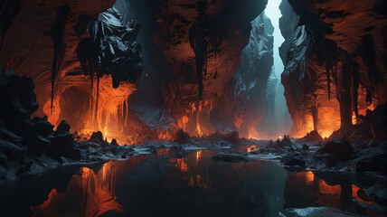 Within the Depths of the Underworld, molten rivers flow beneath obsidian cliffs, illuminating caverns where the souls of the departed wander, Generative AI