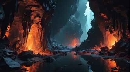 Within the Depths of the Underworld, molten rivers flow beneath obsidian cliffs, illuminating caverns where the souls of the departed wander, Generative AI