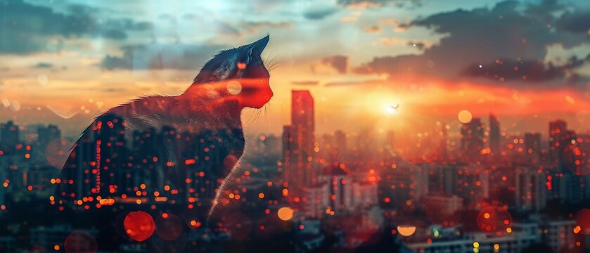 Silhouette of a cat overlayed on a vibrant city skyline at dusk, digital photography, high resolution, double exposure effect, detailed and atmospheric