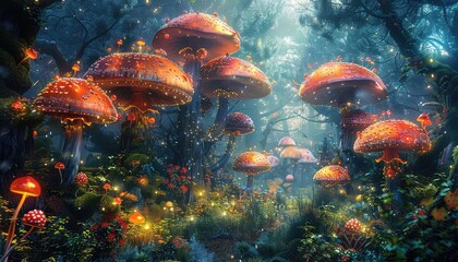 A fantasy jungle with giant mushrooms and unusual creatures, creating a whimsical and otherworldly atmosphere, bright colors, digital painting,