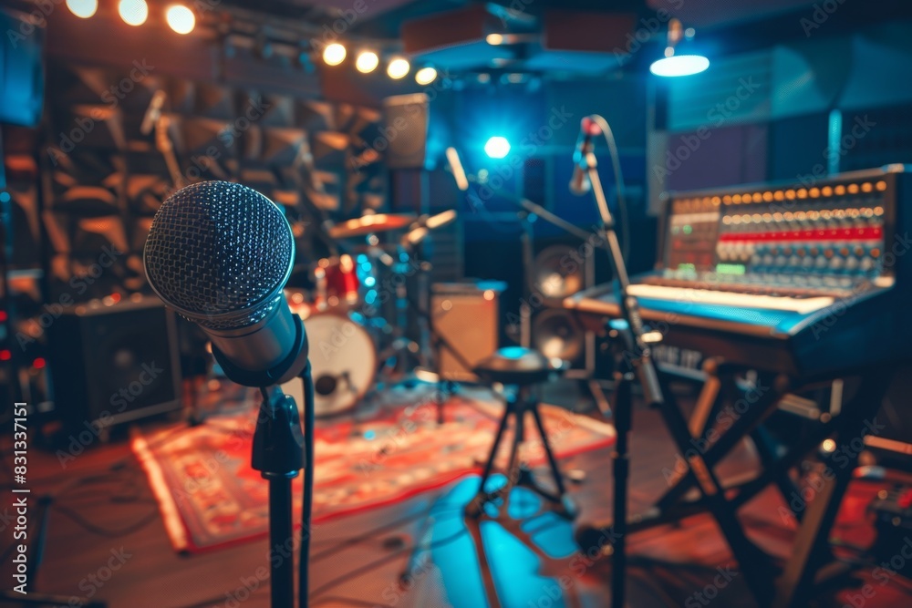 Poster A dynamic recording studio set up with a microphone and sound board ready for a music session. Generative AI