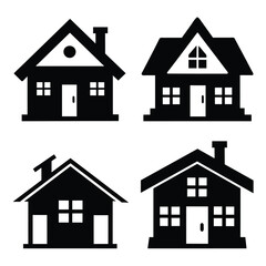 Set of Two store cottage different style icon black vector on white background