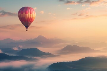 Colorful Hot Air Balloon Over Misty Mountains at Sunrise