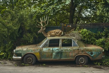 Photomanipulation of a deer resting atop an old, rusting car blending with nature