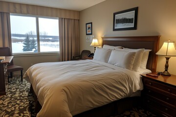 Elegant hotel room with classic decor and lake view, highlighting a sophisticated and comfortable sleeping space perfect for relaxation