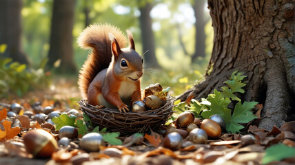 Fototapeta premium Within the Squirrel's Nest, acorns and laughter fill the air as tales of treasure hunts unfold, Generative AI