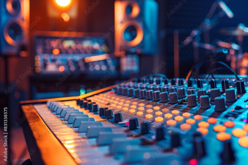 Aufkleber A sound mixing console in a recording studio is being used to adjust levels for recording or live performance. Generative AI