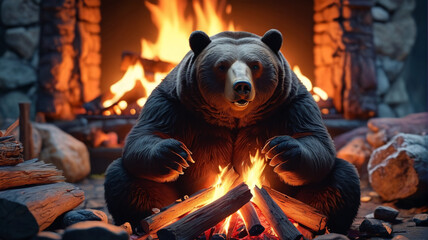 Deep in the Bear's Lair, tales of courage and friendship are shared around the warmth of a roaring fire, Generative AI
