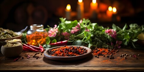 Wooden table with fiery accents showcasing spicy food. Concept Food Photography, Fiery Accents, Spicy Dishes, Wooden Table, Vibrant Colors