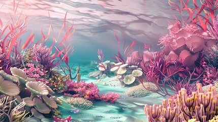 Enchanted ocean plants flat design side view mystical theme 3D render Triadic Color Scheme