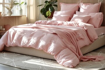 Luxurious pink bedroom with soft textiles and elegant decor, showcasing a cozy and sophisticated sleeping space perfect for relaxation and comfort