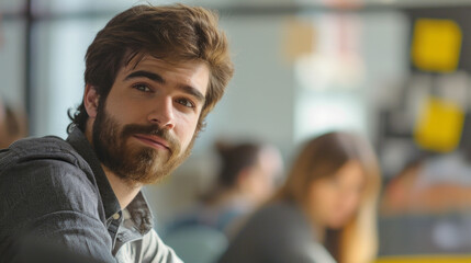 Obraz premium Confident young professional in modern office. Portrait of a confident young man with a beard in a casual office setting.