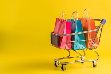 Colorful Shopping Bags in Metallic Cart on Yellow Background