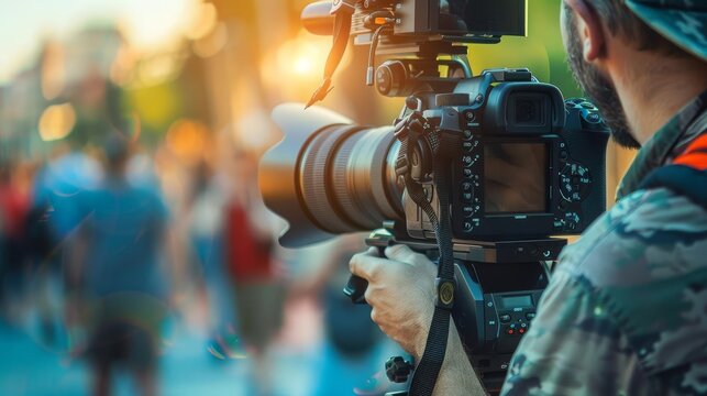 professional videographer shooting video with camera on location videography and filming concept