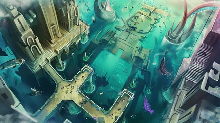 Mythical underwater city siege flat design top view legendary theme water color Analogous Color Scheme
