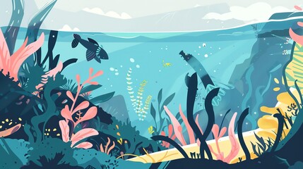 Renowned ocean plants skirmish flat design side view legendary theme animation Split-complementary color scheme 