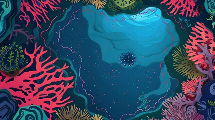 Portal in coral reef flat design top view otherworldly theme cartoon drawing vivid 