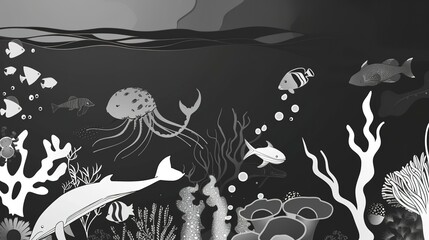 Sea creatures near portal flat design side view mystical theme water color black and white 