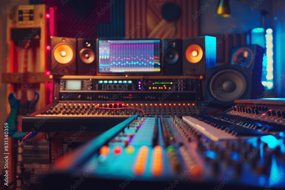 Poster A recording studio buzzing with creativity and passion, filled with an array of professional sound equipment being used to create new and innovative music. Generative AI