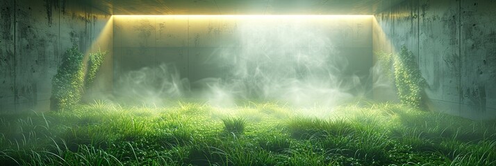 Concrete hangar covered with grass and sun rays background. Bright room lawn covered yellow rays with burning smog in futuristic design